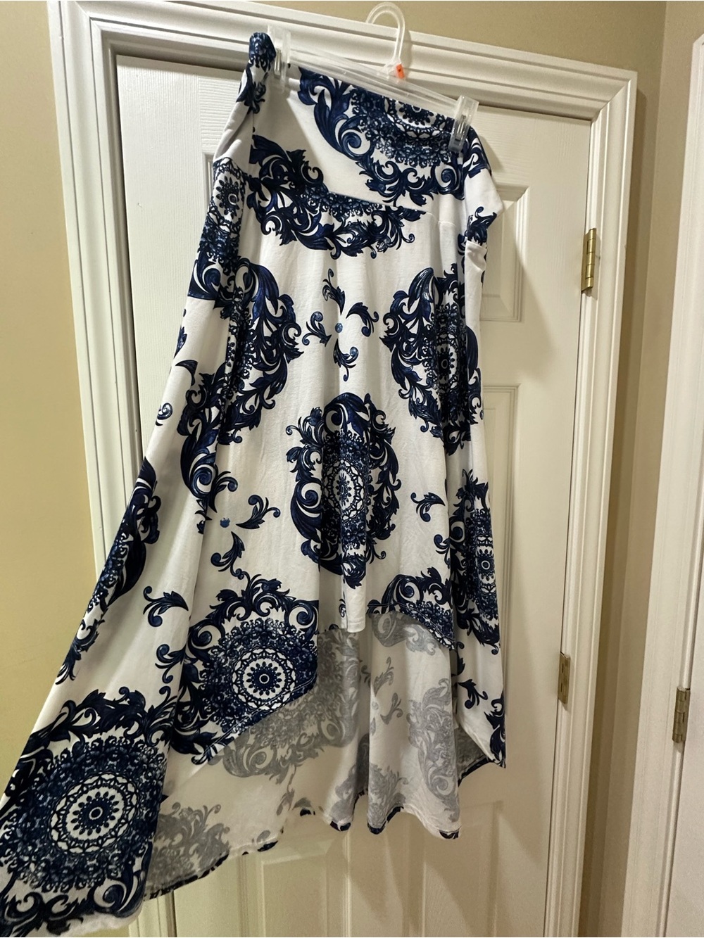 LuLaRoe White and Navy Asymmetrical Medallion Skirt